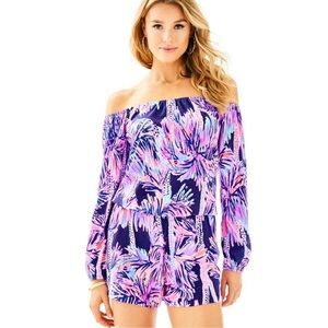 Lilly Pulitzer Lana off shoulder pink and Blue romper with in bright navy palms